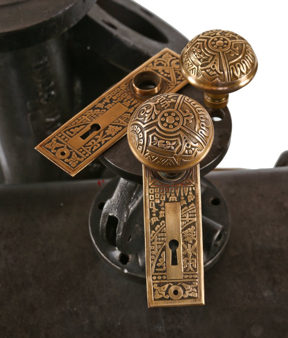 19th century original "ceylon" pattern american eastlake style ornamental wrought brass residential passage door hardware