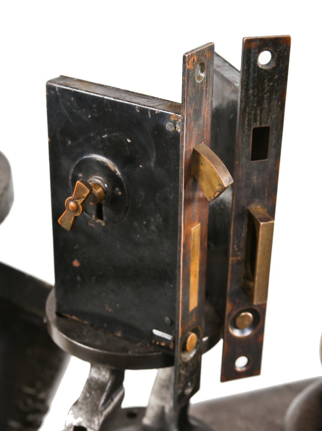 matching interior residential unornamented late 19th century pocket door mortise locks with original fully functional cast brass key
