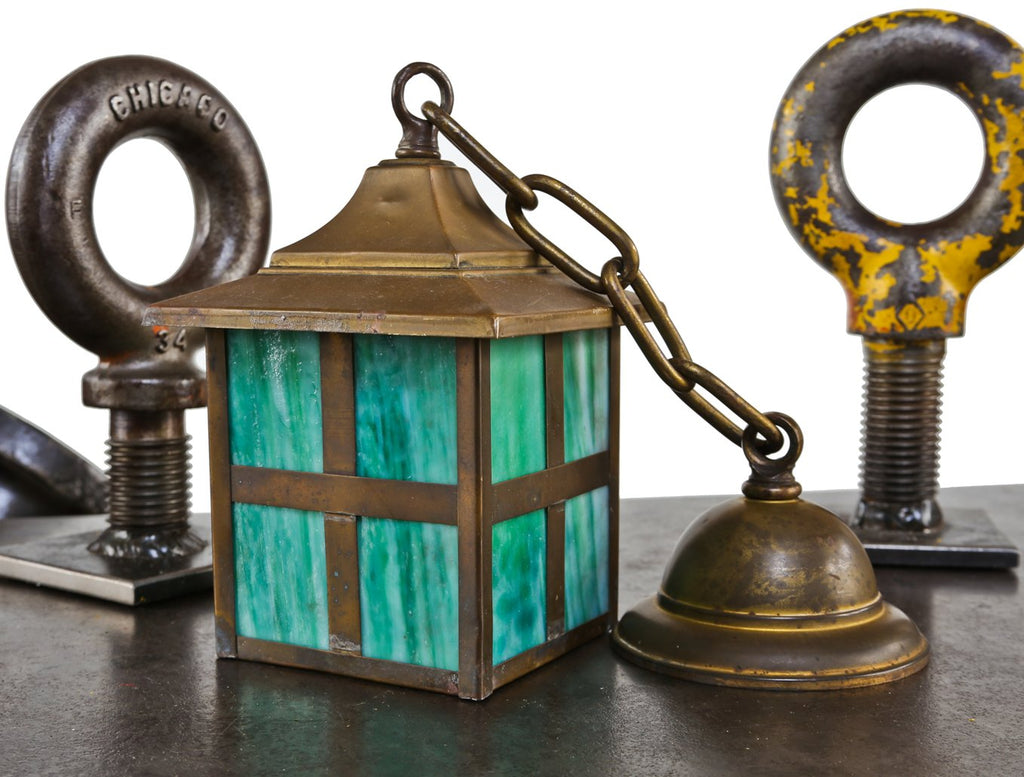 very well-maintained all original interior residential craftsman or mission style green slag glass pendant lamp with pyramidal top