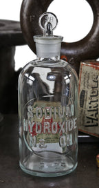 early 1920's all original american sodium hydroxide clear glass reagent chemistry laboratory bottle with ground glass stopper