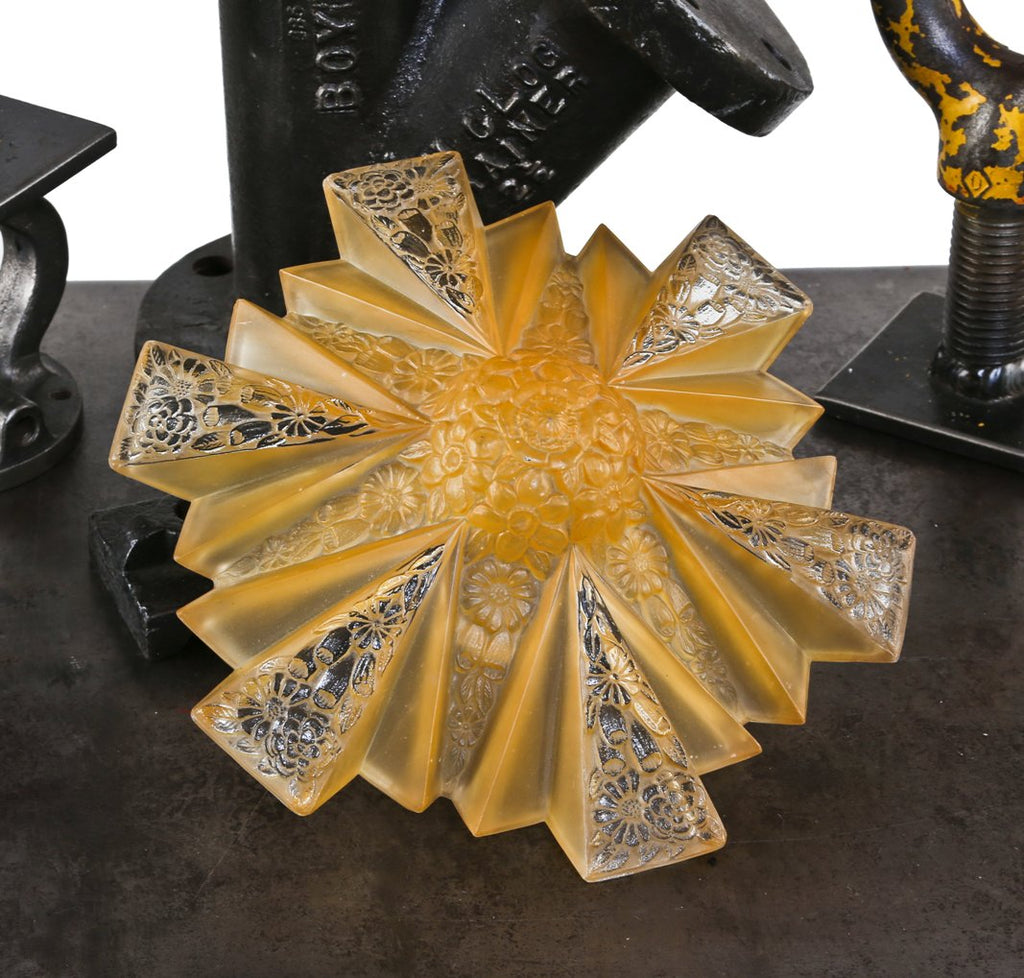 highly sought after american depression era art deco style "modernizer" pressed amber glass drop shade with abundant floral motifs