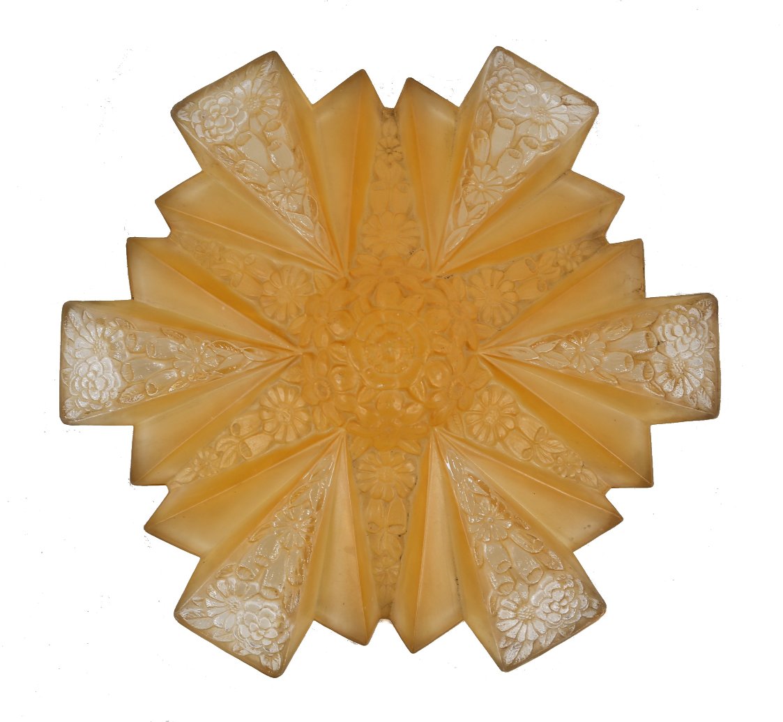 highly sought after american depression era art deco style "modernizer" pressed amber glass drop shade with abundant floral motifs