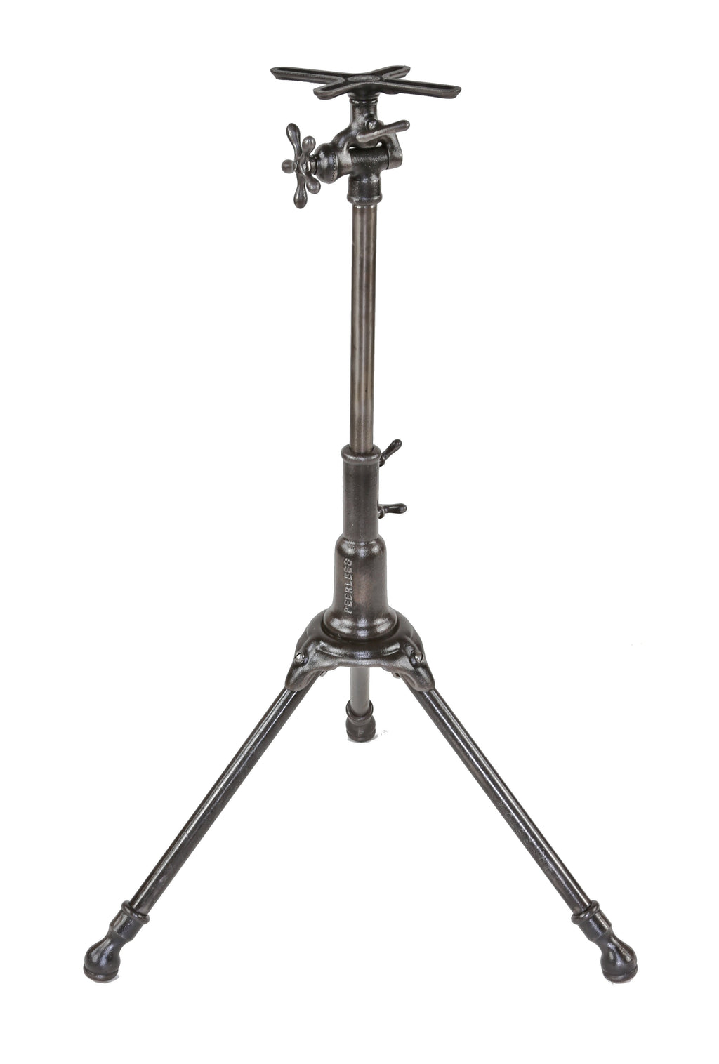 refinished early 20th century antique american industrial three-legged cast iron "peerless" drafting table base with all original handles