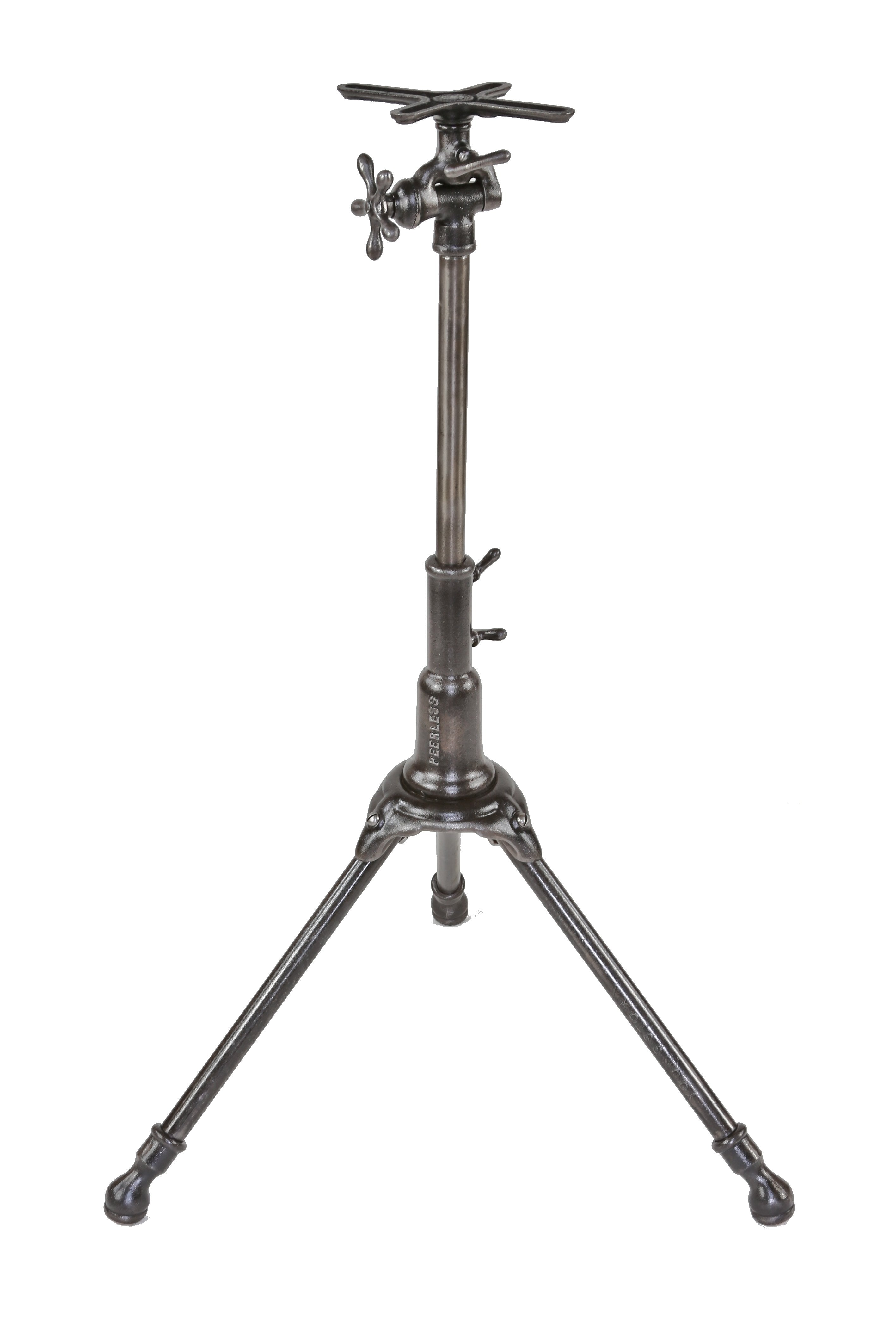 refinished early 20th century antique american industrial three-legged cast iron "peerless" drafting table base with all original handles