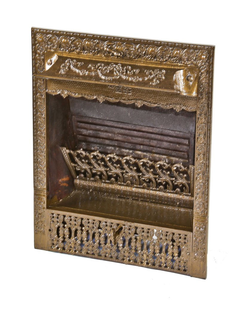 original c. 1890's american victorian era ornamental cast iron interior residential fireplace gas insert with intact on/off gas key