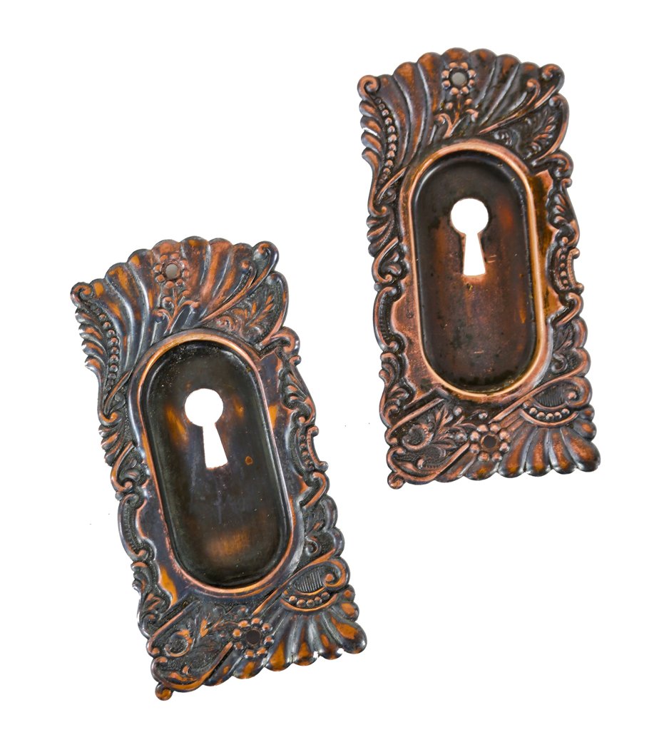 two matching 19th century american art nouveau style ornamental wrought bronze "roanoke" pattern pocket door escutcheons