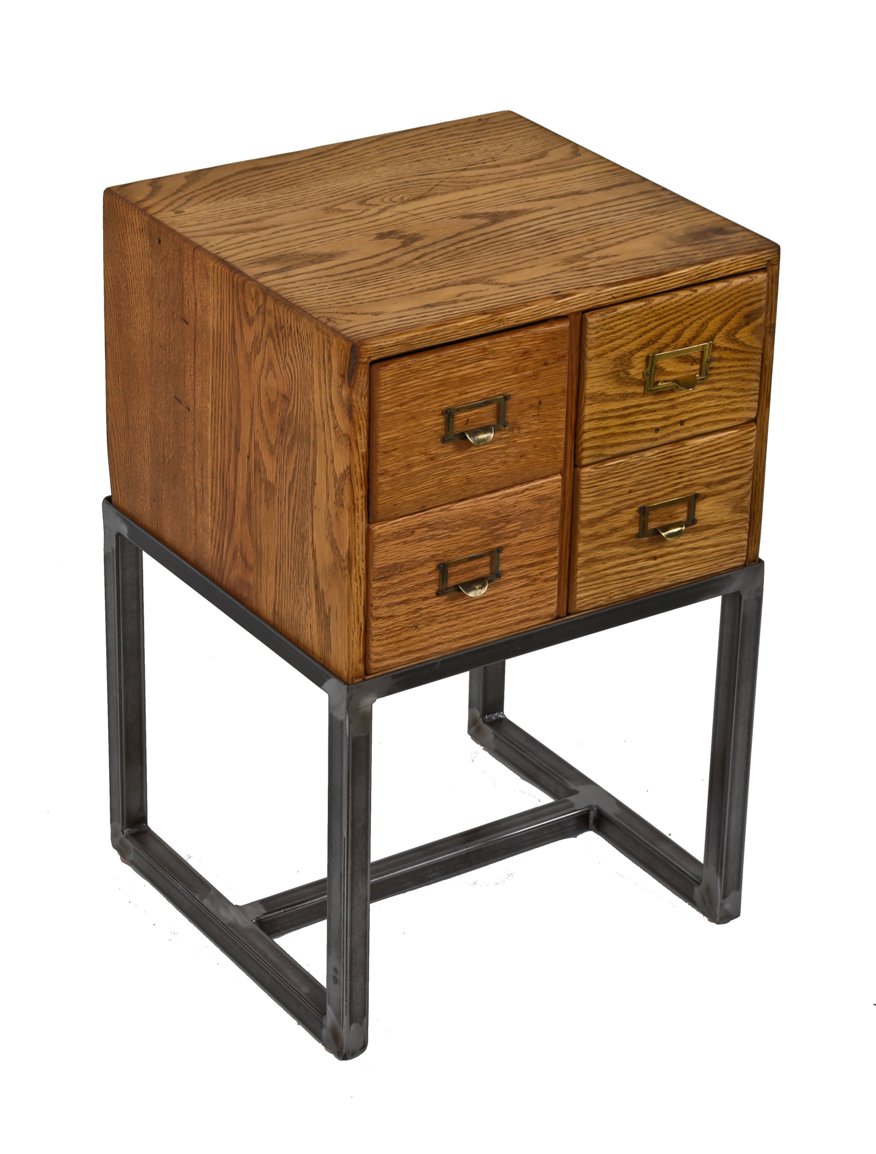 repurposed vintage american industrial hamilton multi-drawer library card cabinet with newly added custom-built tubular steel base