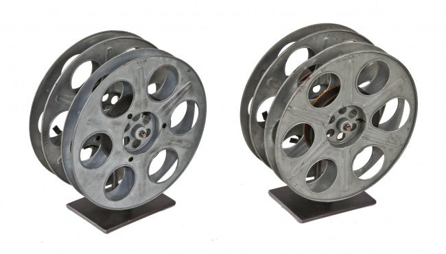 unique vintage american industrial fully assembled and cleaned freestanding repurposed versatile film reel display stand or rack with custom steel base
