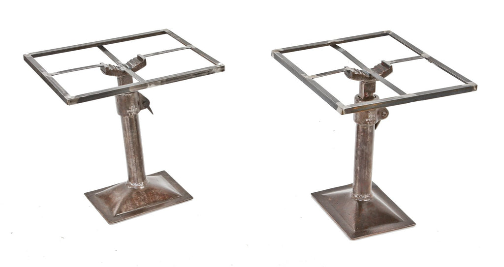 matching set of repurposed american industrial depression era 7-ton adjustable height manual lifting jack side table with brushed metal finish