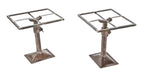 matching set of repurposed american industrial depression era 7-ton adjustable height manual lifting jack side table with brushed metal finish