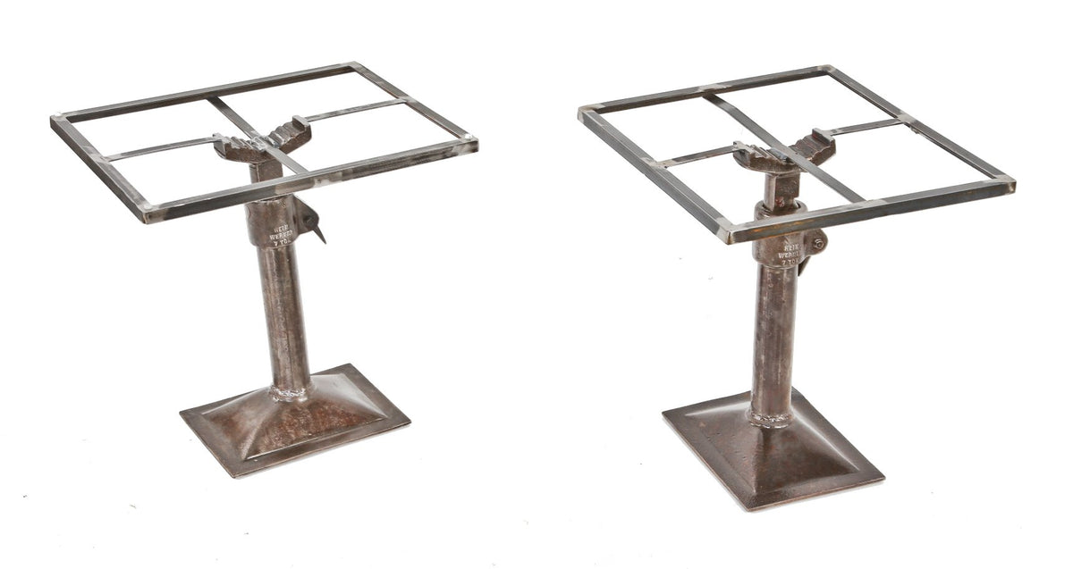 matching set of repurposed american industrial depression era 7-ton adjustable height manual lifting jack side table with brushed metal finish