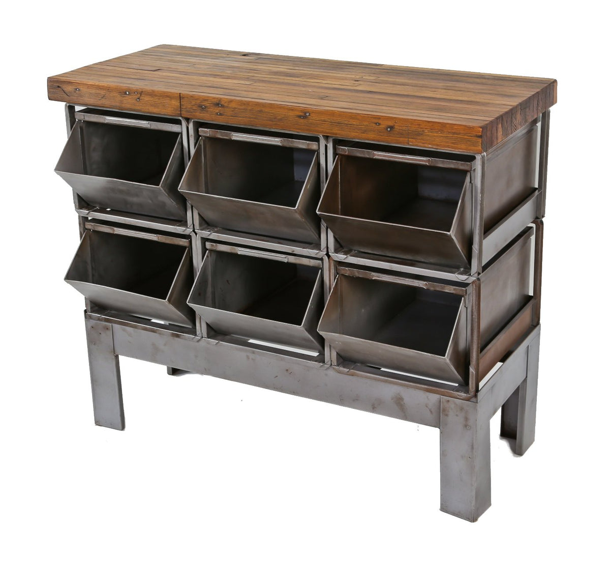 well-formed, rigid and heavily reinforced original american industrial stationary compartmentalized repurposed furniture console