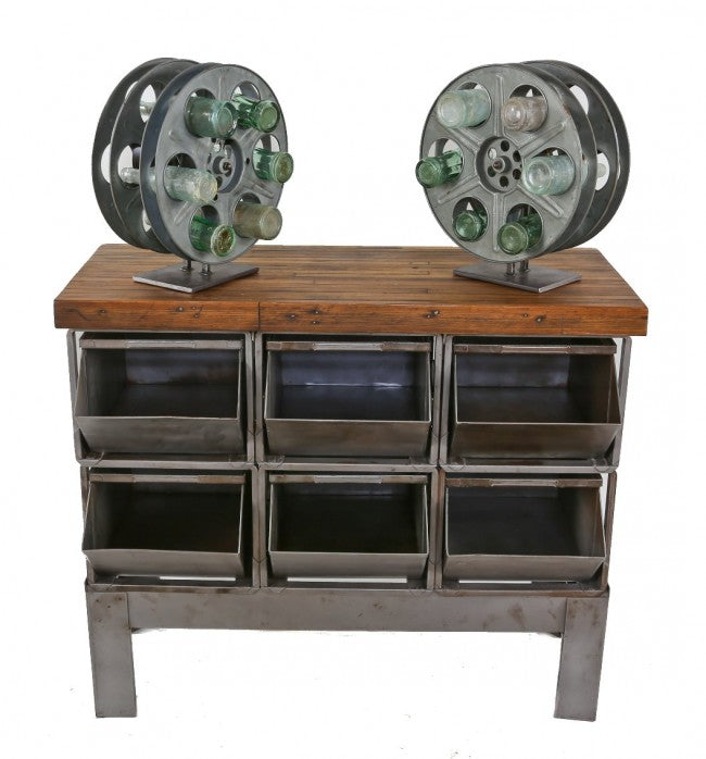unique vintage american industrial fully assembled and cleaned freestanding repurposed versatile film reel display stand or rack with custom steel base