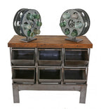 unique vintage american industrial fully assembled and cleaned freestanding repurposed versatile film reel display stand or rack with custom steel base