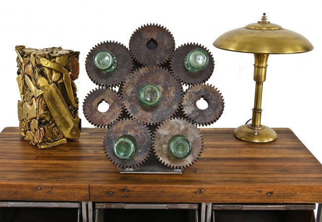 unusual repurposed american industrial brushed solid steel counter top sprocket wine bottle rack with angled iron support bracket