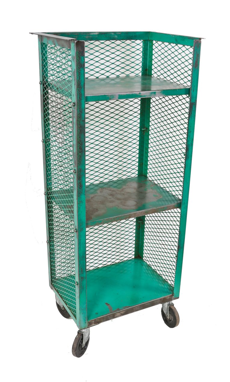 nice-sized portable american industrial weathered and worn american industrial two adjustable tier diamond steel mesh rolling rack