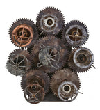 unusual repurposed american industrial brushed solid steel counter top sprocket wine bottle rack with angled iron support bracket