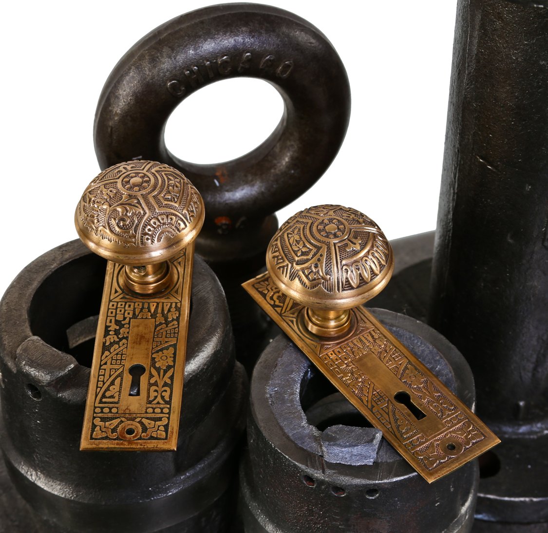 all original matching late 19th century american eastlake style ornamental wrought brass "ceylon" pattern interior residential door hardwaee