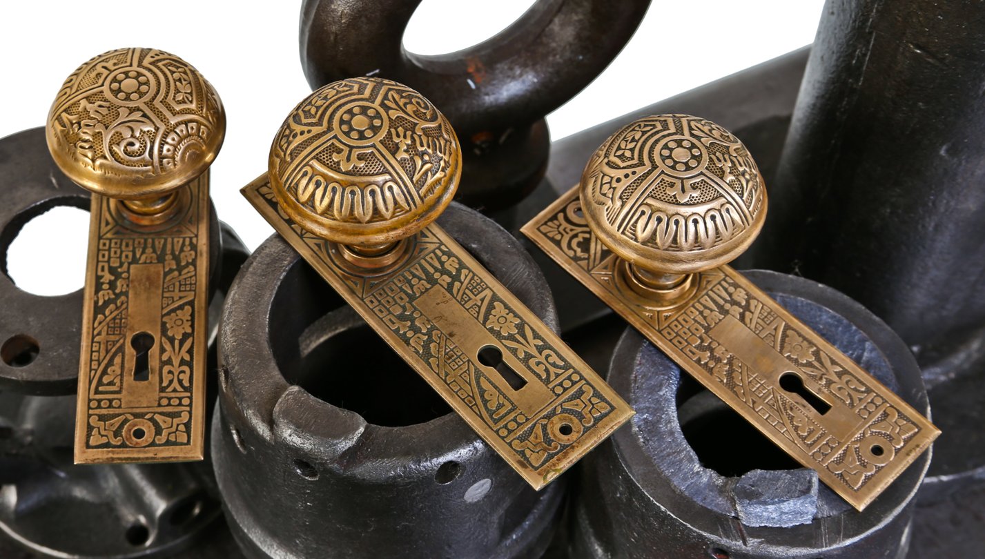 lot of late 19th century original and remarkably intact ornamental wrought brass "ceylon" pattern passage door escutcheons and doorknobs