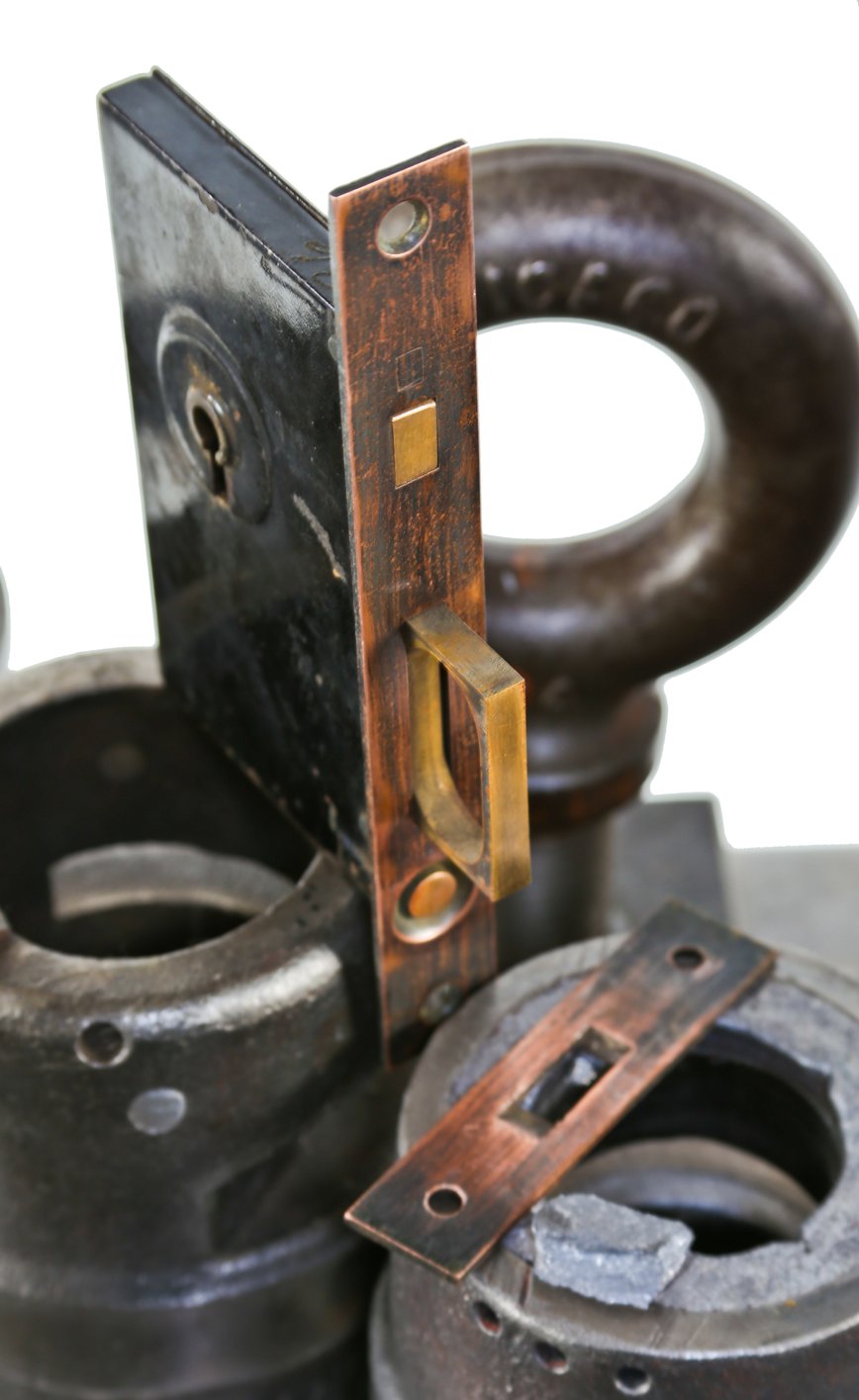 late 19th or early 20th century original fully functional interior residential push button pocket door mortise lock with matching door jamb strike plate