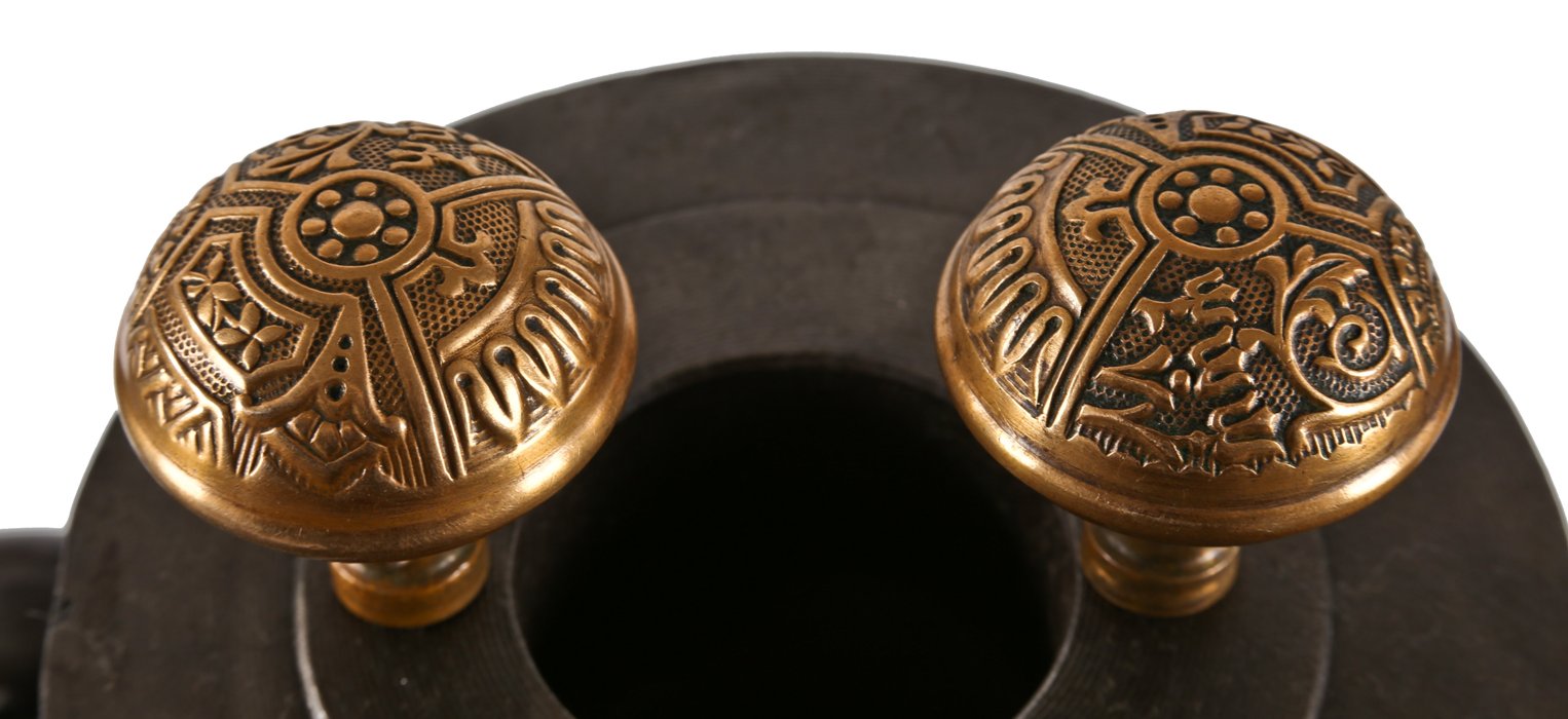 19th century lightly cleaned antique american eastlake style "ceylon" pattern interior residential passage doorknobs