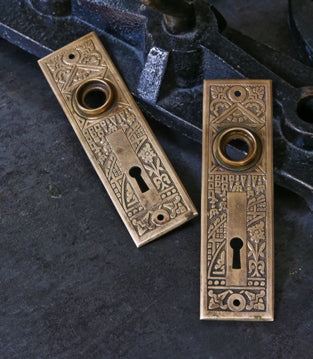 original matching late 19th century american interior residential ornamental wrought brass "ceylon" pattern doorknob backplates
