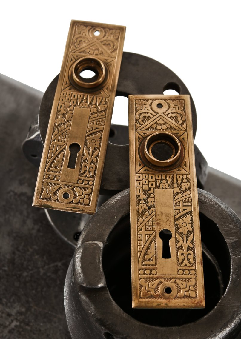 19th century american antique eastlake style "ceylon" pattern interior residential wrought bronze backplates