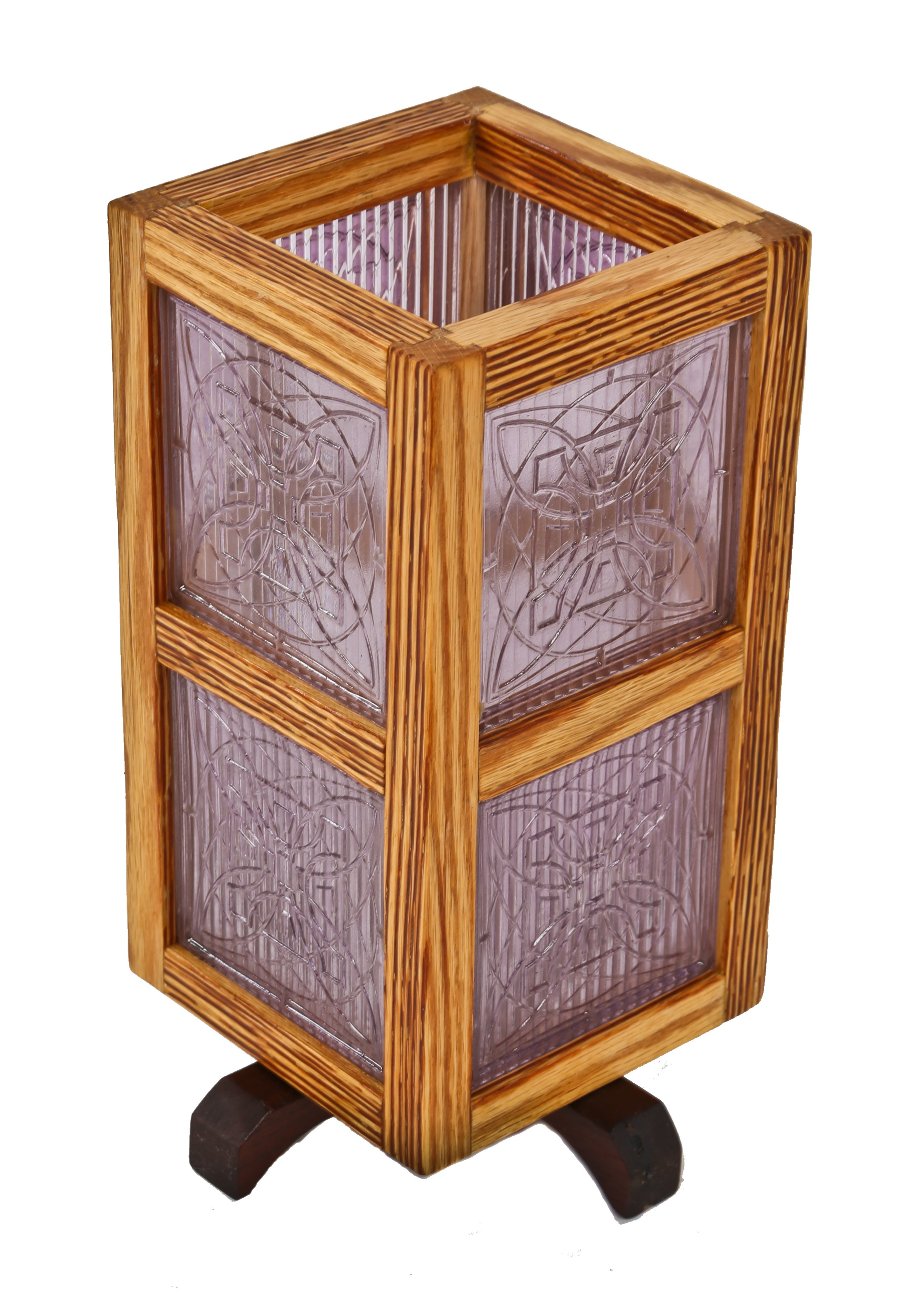 very compact and lightweight single electric light table or desk lamp containing frank lloyd wright-designed luxfer tiles