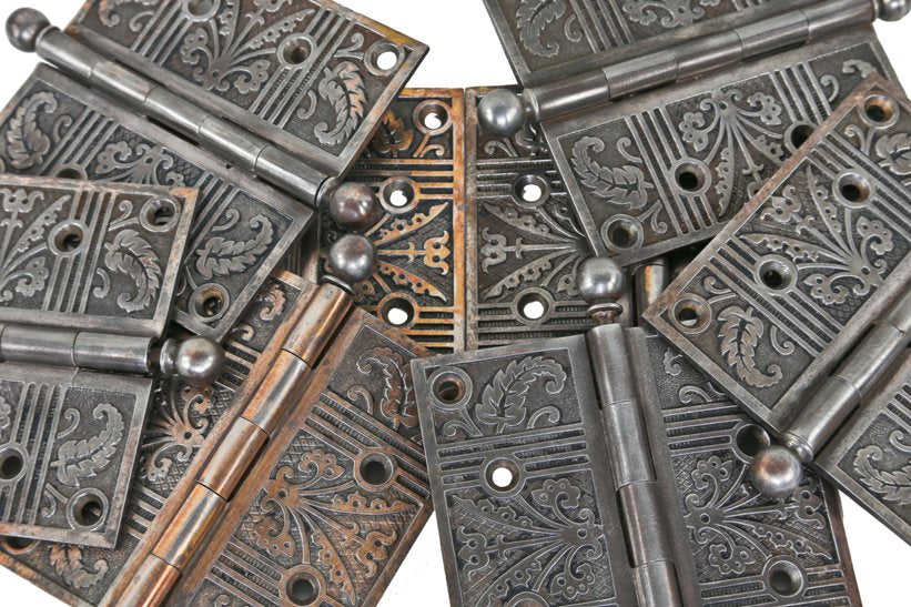 original c. 1890's matching ornamental cast iron interior residential cast iron loose pine door hinges with ball finials