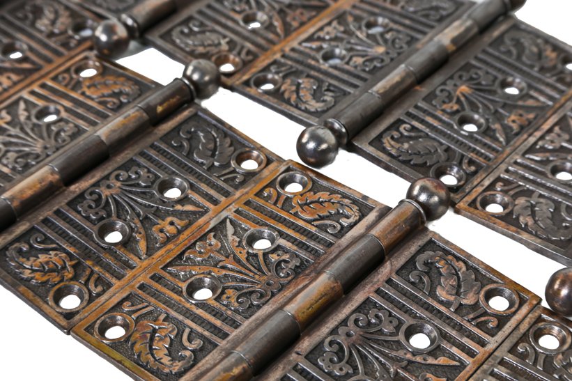 c. 1890's fully functional antique american ornamental cast iron residential passage door hinges with ball finials