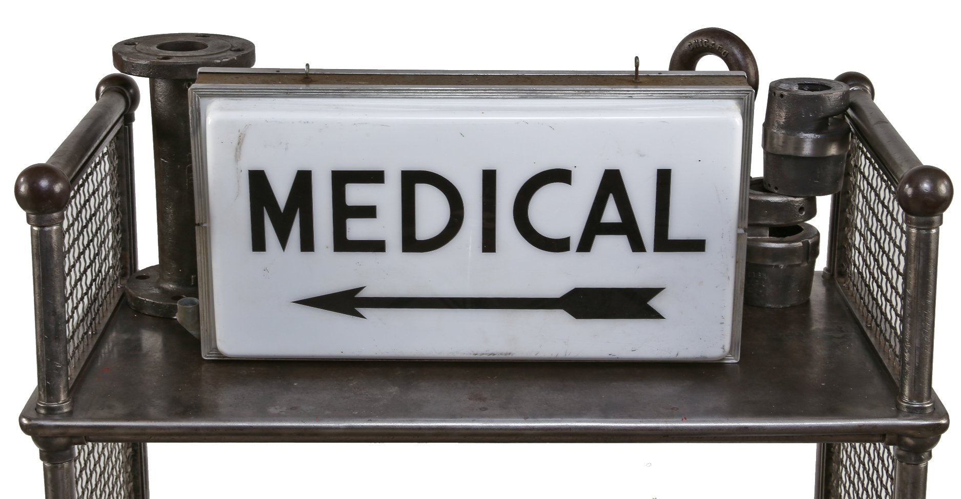 c. 1950's original double-sided exterior louisville main street illuminated storefront medical "clinic" sign with directional arrow