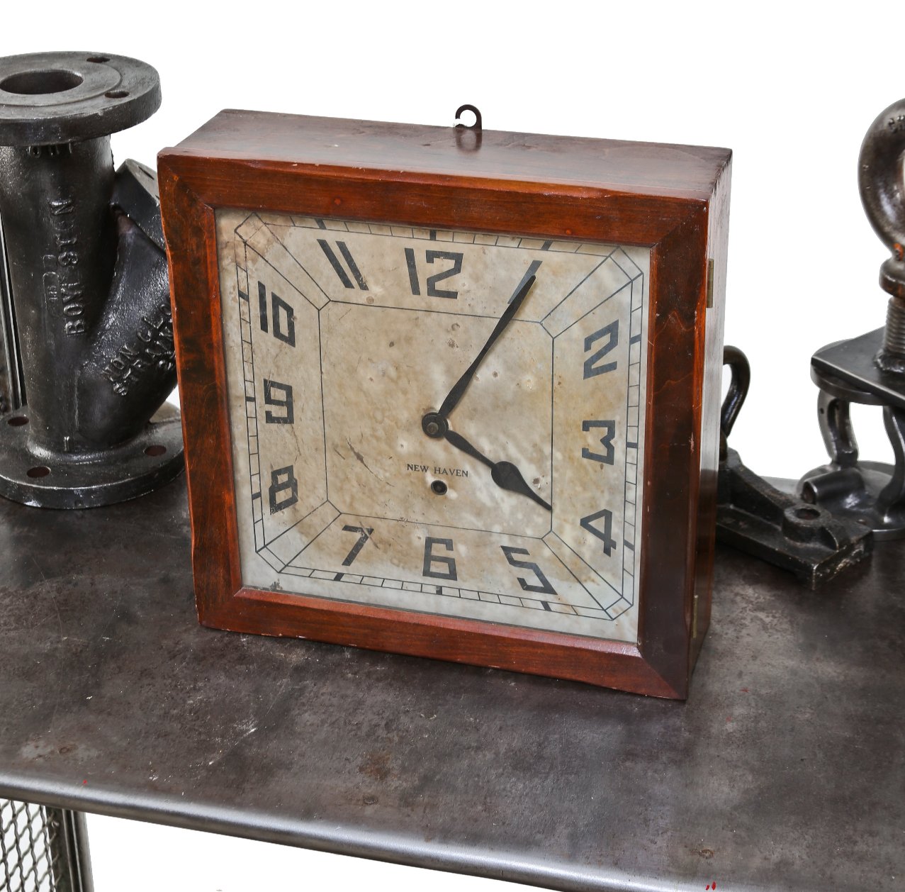 original c. 1920's american industrial wall-mount darkly varnished wood encased factory office machine age mechanical or analog clock
