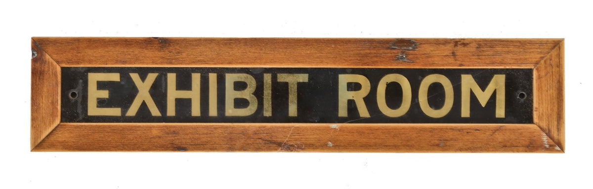 original c. 1920's american single-sided reverse painted glass chicago field museum of natural history "exhibition room" sign with oak wood frame