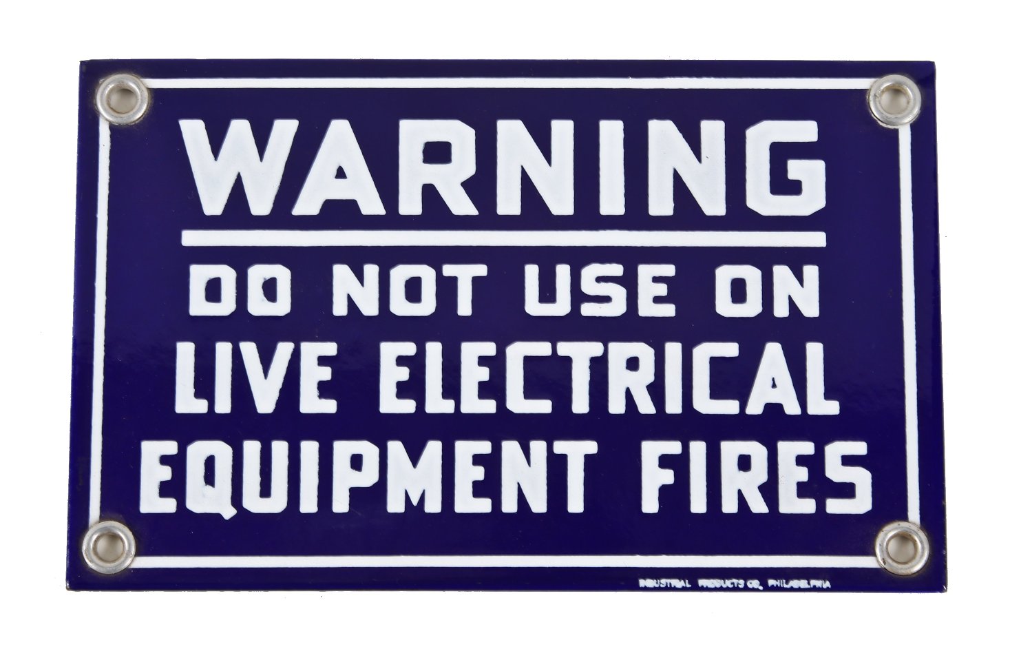 hard to find bright cobalt blue porcelain enameled single-sided "electrical equipment" factory warning sign