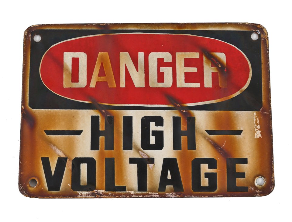 c. 1940's single-sided die cut steel "high voltage" exterior factory fence mounted danger or cautionary sign with great surface patina