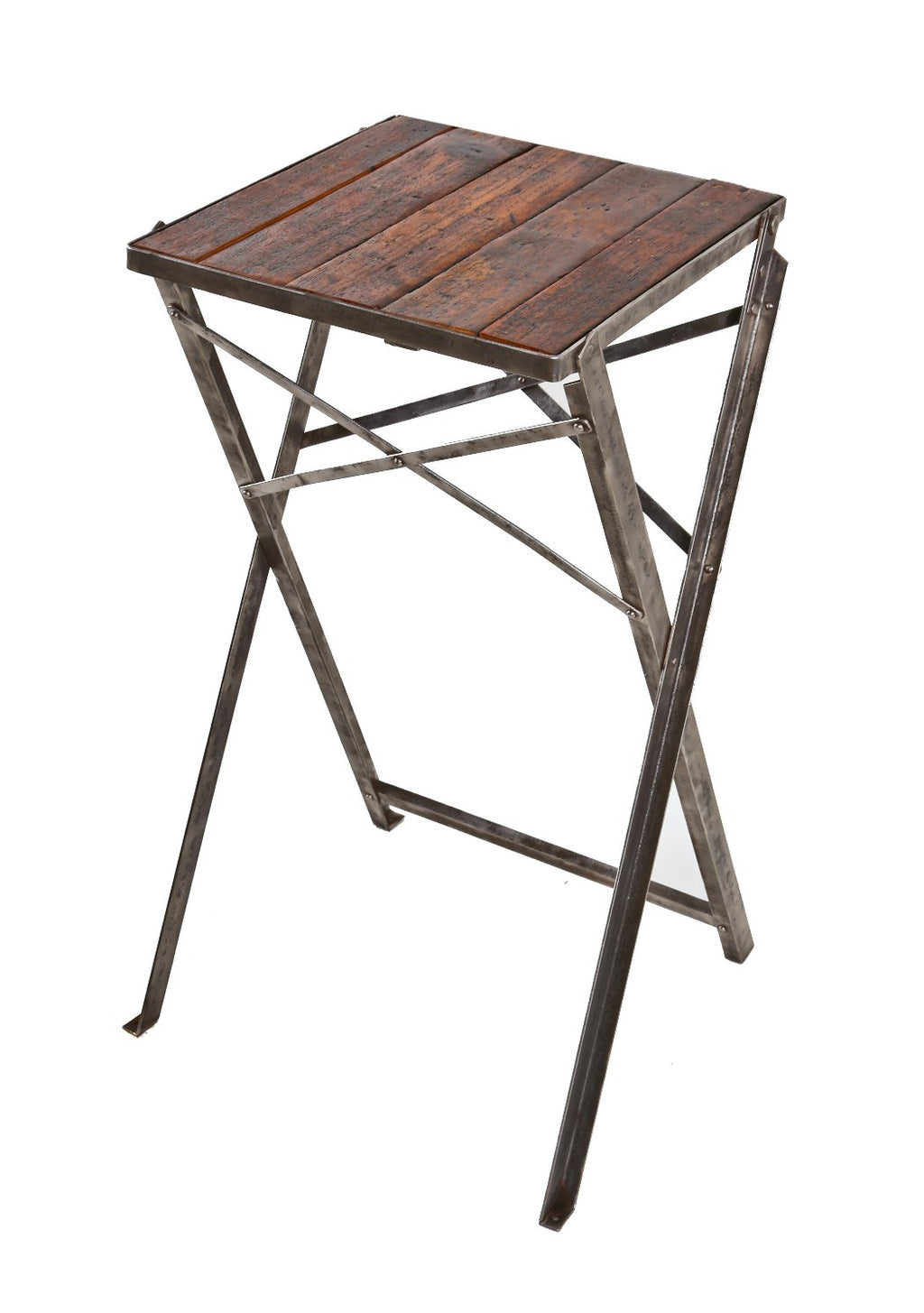 thoroughly cleaned and refinished antique american industrial repurposed collapsible riveted joint angled steel work stand with newly added pine wood top