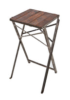 thoroughly cleaned and refinished antique american industrial repurposed collapsible riveted joint angled steel work stand with newly added pine wood top