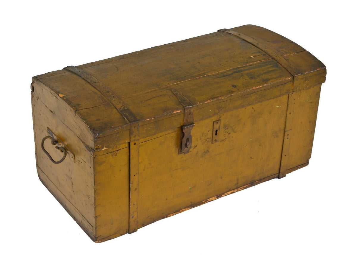 antique american civil war-era mustard painted pine wood arched or humpback storage chest