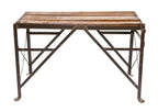 reinforced all-welded joint low-lying angled steel factory machine shop console table with pine wood tabletop