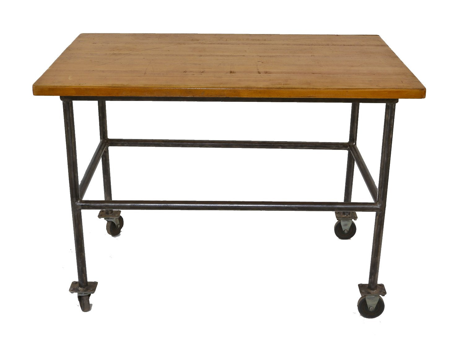 refinished c. 1930's vintage american welded joint wrought iron mobile pipe table or workstation with maple wood top