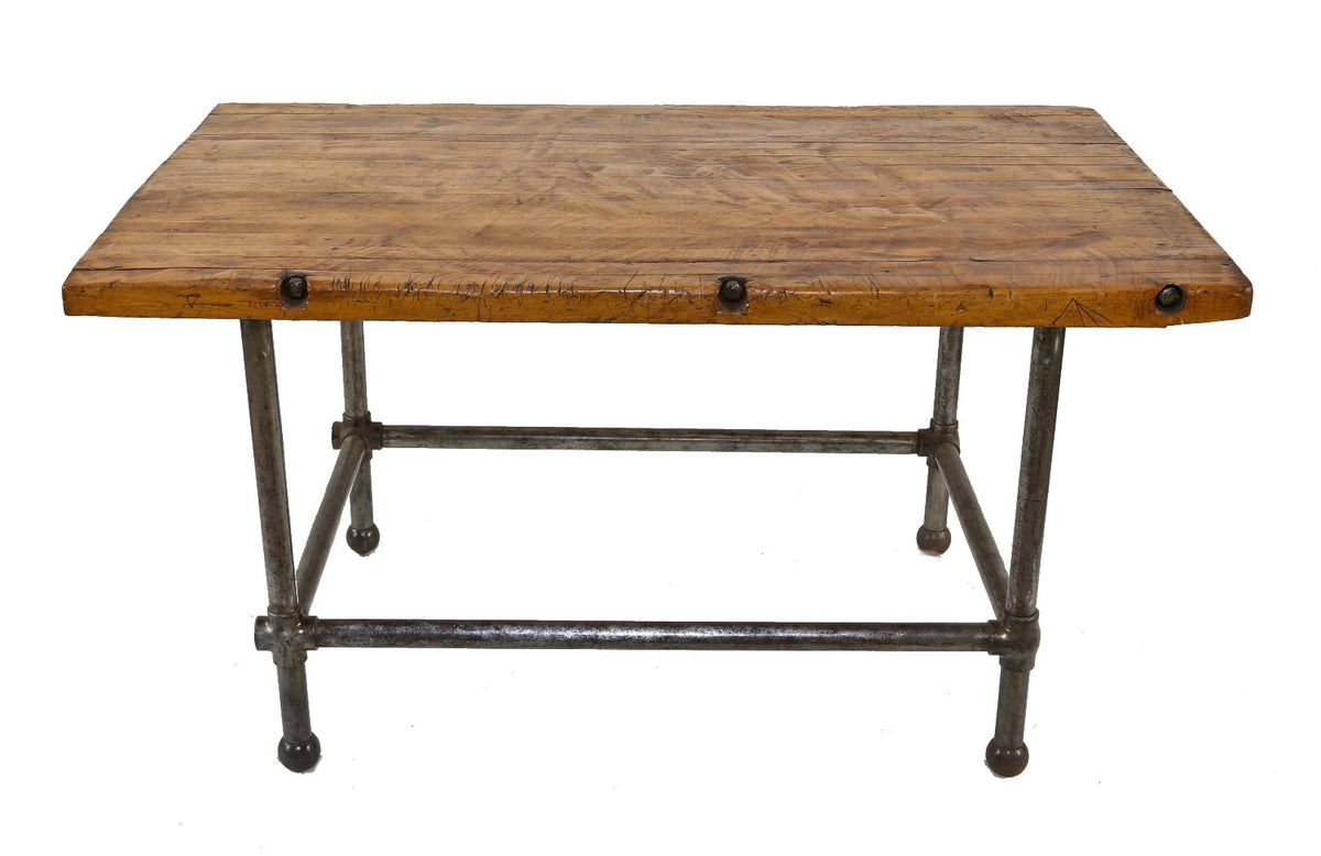 hard to find early 20th century antique american industrial chicago butcher shop "prep" table with reinforced cast iron pipe base