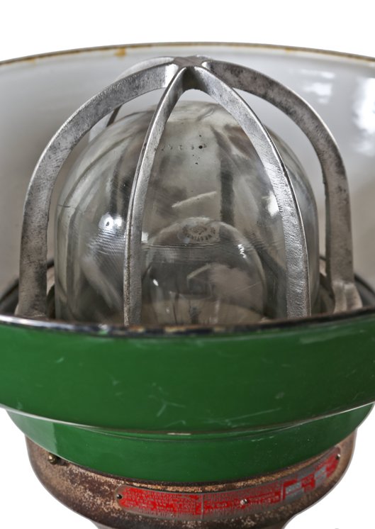 heavy duty original c. 1940's american industrial flush-mount chicago garment factory "explosion proof" appleton pendant light with aluminum bulb guard