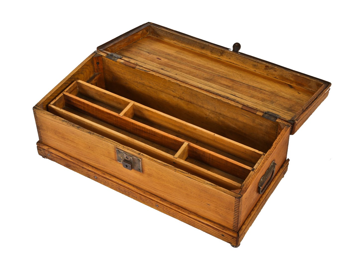 finely crafted late 19th century box-jointed refinished solid oak wood residential carpenter or builder's tool chest with compartmentalized interior