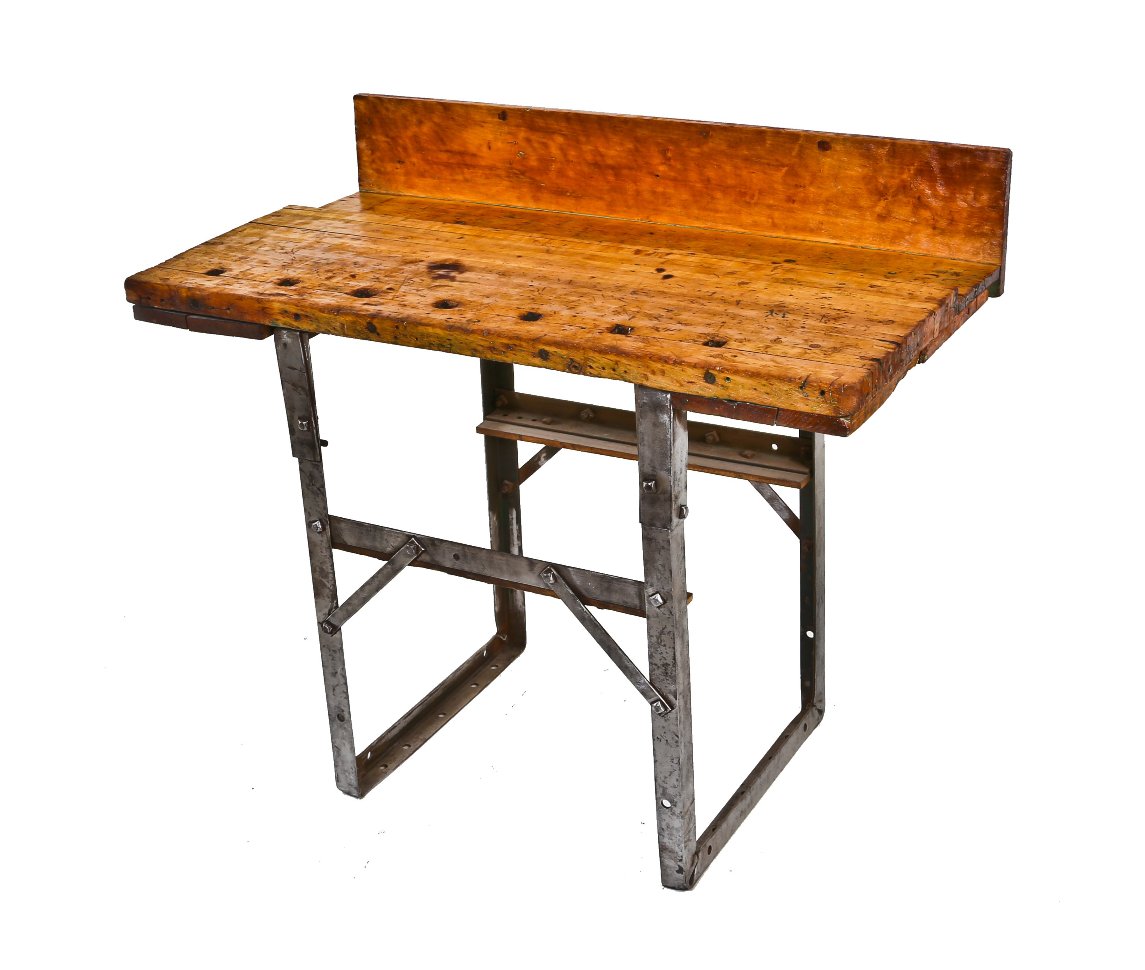 1930's american industrial factory machine shop workbench with heavy gauge angled steel base