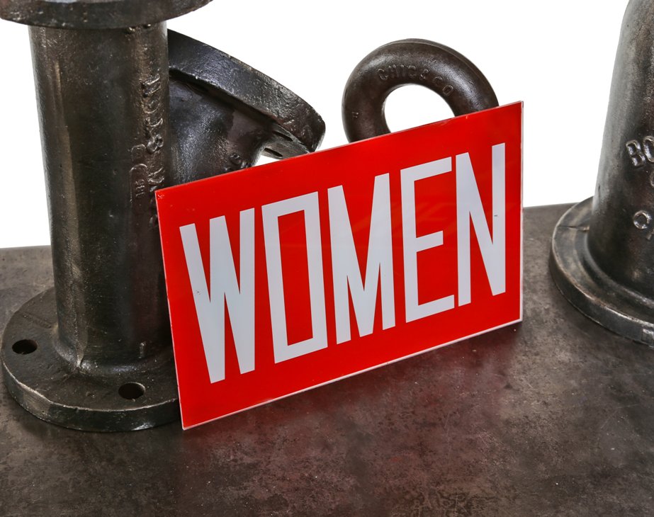 original "new old stock" c. 1950's american reverse-painted ruby red movie house illuminated restroom glass panel