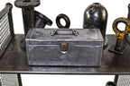 refinished c. 1920's american industrial cold-rolled steel "spillproof" portable tackle box with highly compartmentalized interior