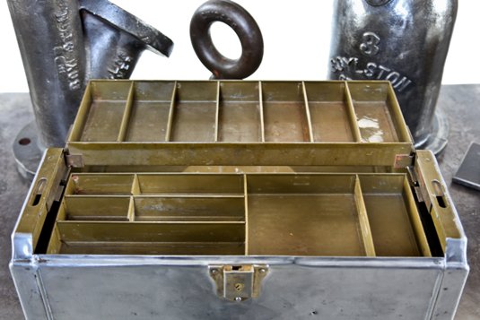 refinished c. 1920's american industrial cold-rolled steel "spillproof" portable tackle box with highly compartmentalized interior