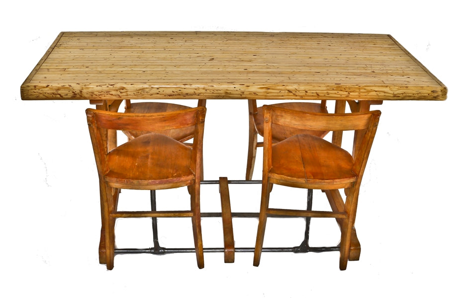 very unusual refinished american industrial c. 1930's factory lunchroom maple wood table with integrated pull-out chairs
