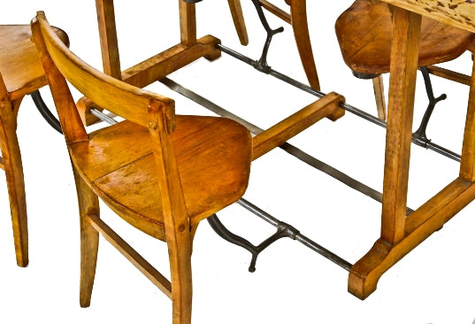 very unusual refinished american industrial c. 1930's factory lunchroom maple wood table with integrated pull-out chairs