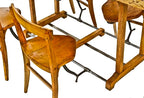 very unusual refinished american industrial c. 1930's factory lunchroom maple wood table with integrated pull-out chairs